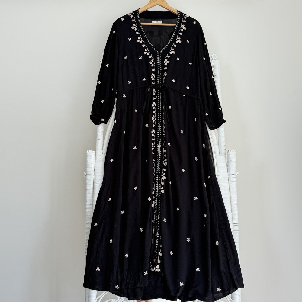 Natural Life Embroidered Dress Medium Black Midi Tie Floral Boho Cottagecore